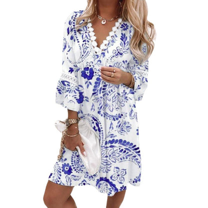 Women's V-neck Printed Lace Stitching Dress