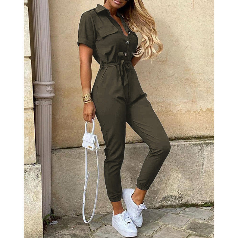 Trousers Casual Lapel Buttoned Printed Belt Overalls