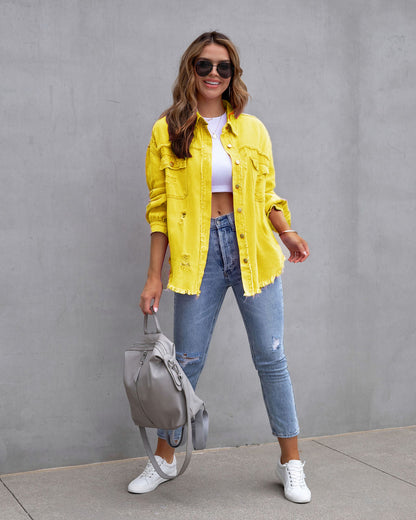 Fashion Ripped Shirt Jacket Female Autumn And Spring Casual Tops Womens Clothing