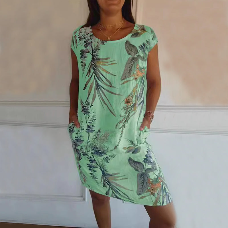 Flower And Leaf Printed Straight Dress Summer Loose Round Neck Short Sleeve Dresses Womens Clothing