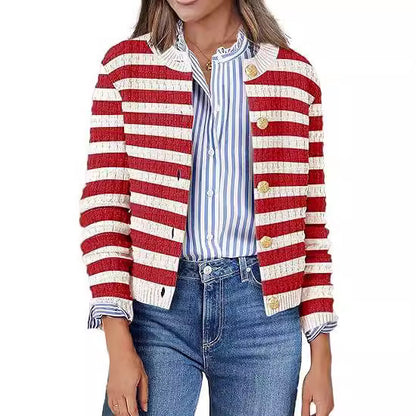 Knitted Striped Commuter Cardigan Women's Clothes