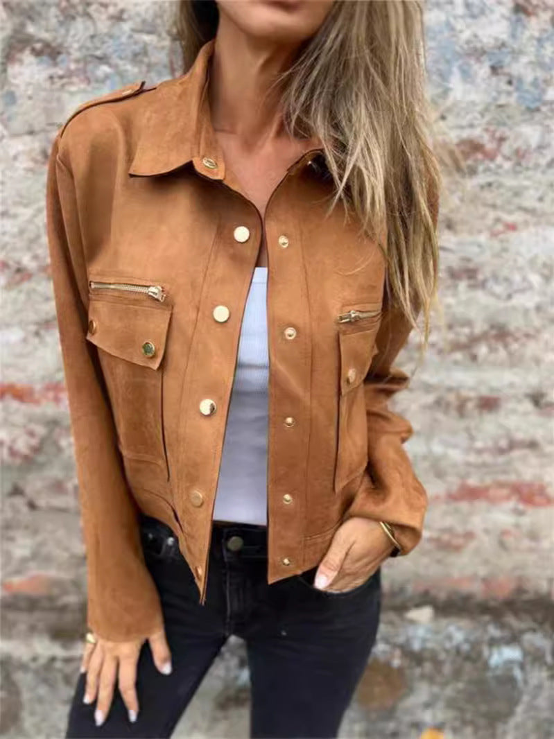 Suede Coat Lapel Long Sleeve Jacket