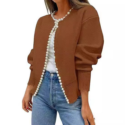 Knitted Cardigan Coat Pearl Decoration Irregular