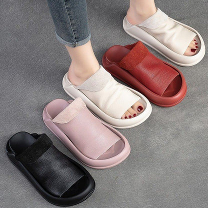 Peep Toe Flat Slippers Top Layer Cowhide