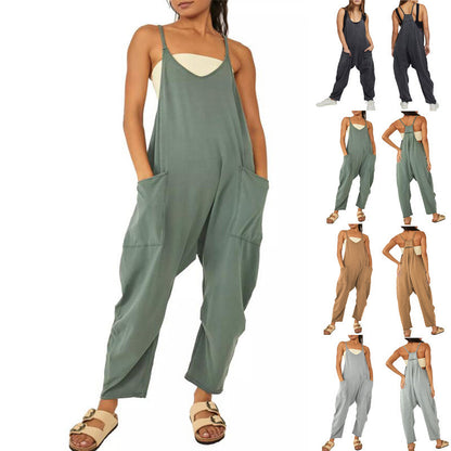 Summer Women's Loose Sleeveless Jumpsuits Spaghetti Strap Long Pant Romper Jumpsuit With Pockets Zipper