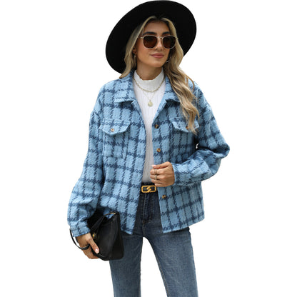 Women's Lapel Plaid Long Sleeve Baggy Coat