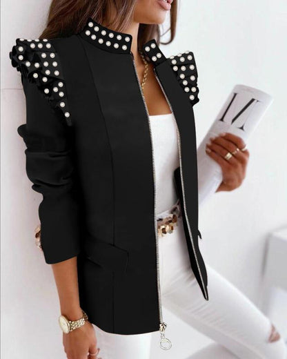 Check Leopard Print Zip Ruffle Shoulder Jacket