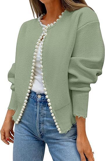 Knitted Cardigan Coat Pearl Decoration Irregular