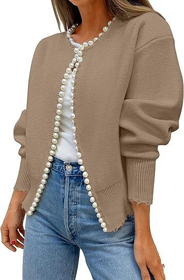 Knitted Cardigan Coat Pearl Decoration Irregular