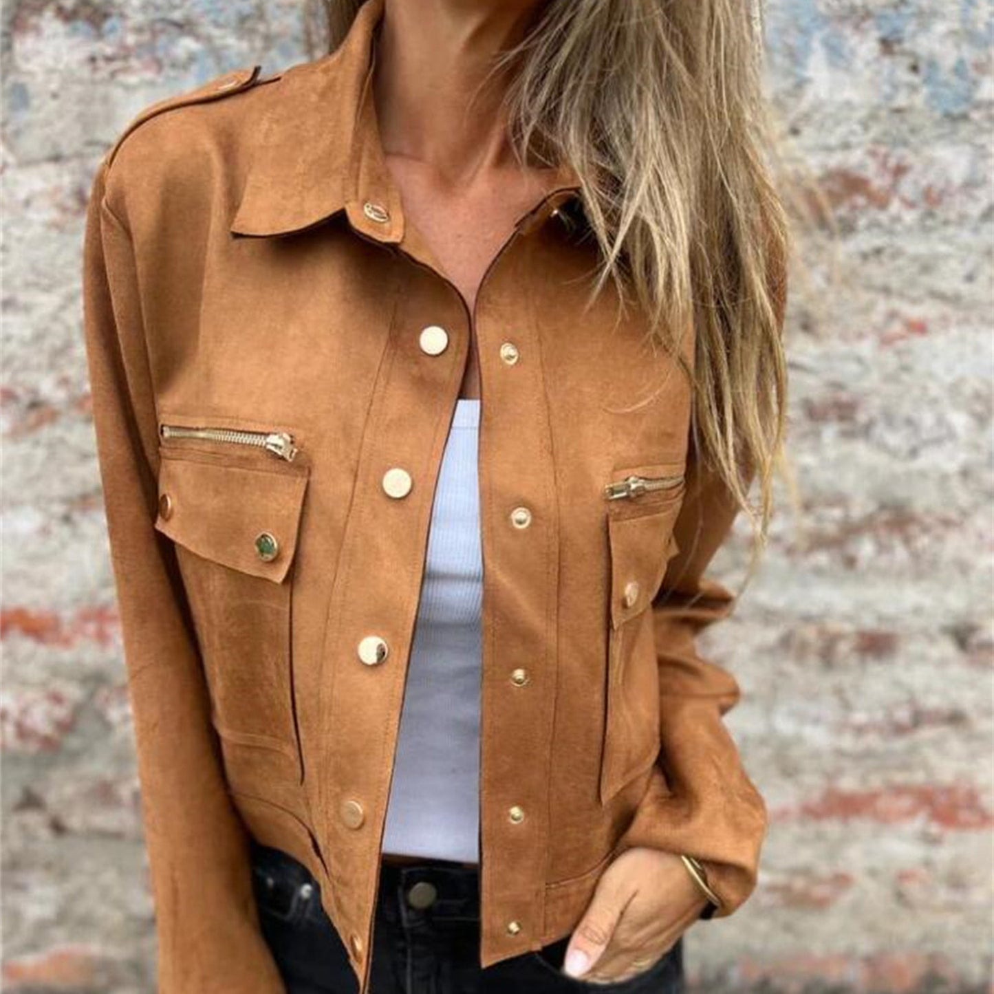 Suede Coat Lapel Long Sleeve Jacket