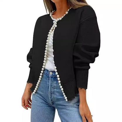 Knitted Cardigan Coat Pearl Decoration Irregular