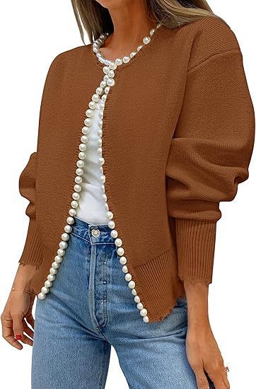 Knitted Cardigan Coat Pearl Decoration Irregular