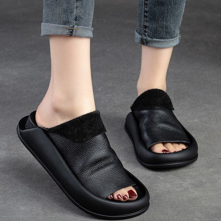 Peep Toe Flat Slippers Top Layer Cowhide