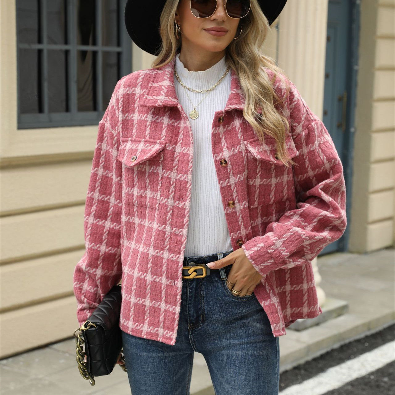 Women's Lapel Plaid Long Sleeve Baggy Coat