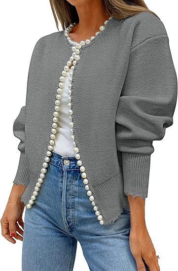 Knitted Cardigan Coat Pearl Decoration Irregular