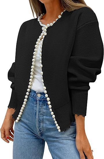 Knitted Cardigan Coat Pearl Decoration Irregular