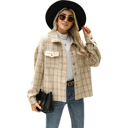 Women's Lapel Plaid Long Sleeve Baggy Coat