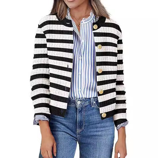 Knitted Striped Commuter Cardigan Women's Clothes