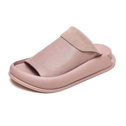 Peep Toe Flat Slippers Top Layer Cowhide