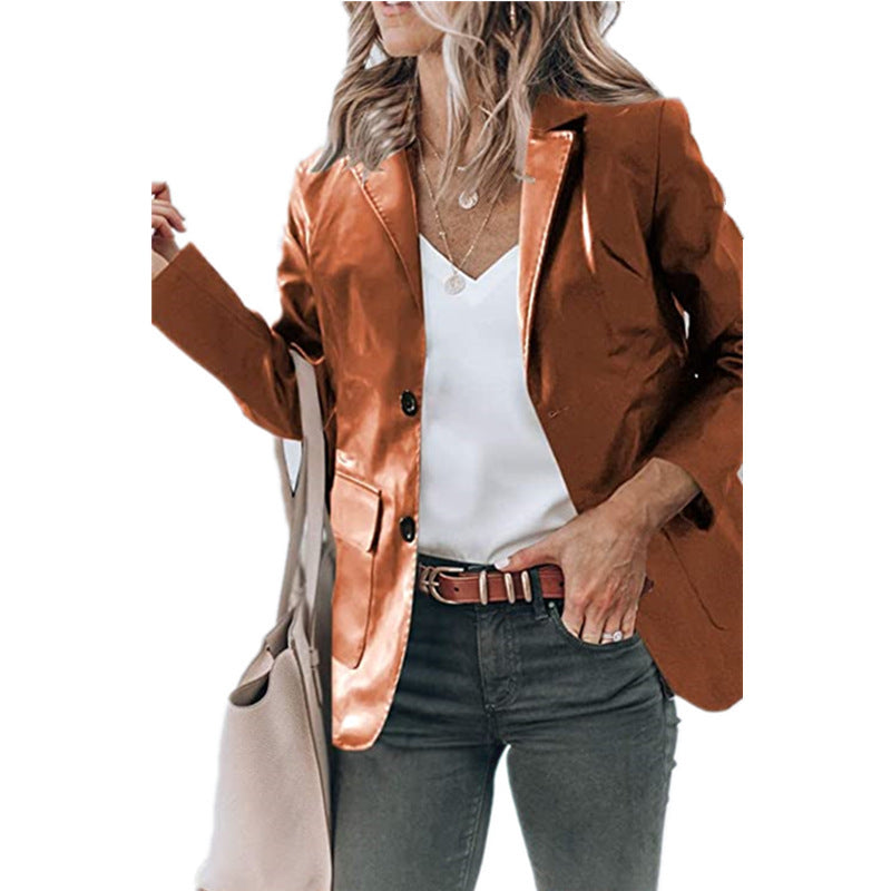 Elegant Slim-fit Lapel Single Breasted Solid Color PU Leather Long-sleeved Top