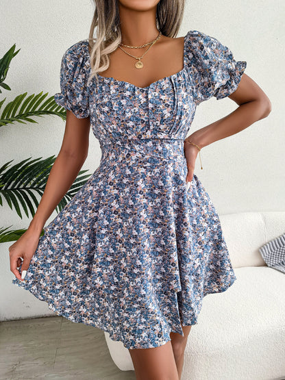 Women Mini Dress Temperament Big Swing Loose Hem Flower Print Shirring Dress Up Short Sleeves High Waist Summer Dress Clothes