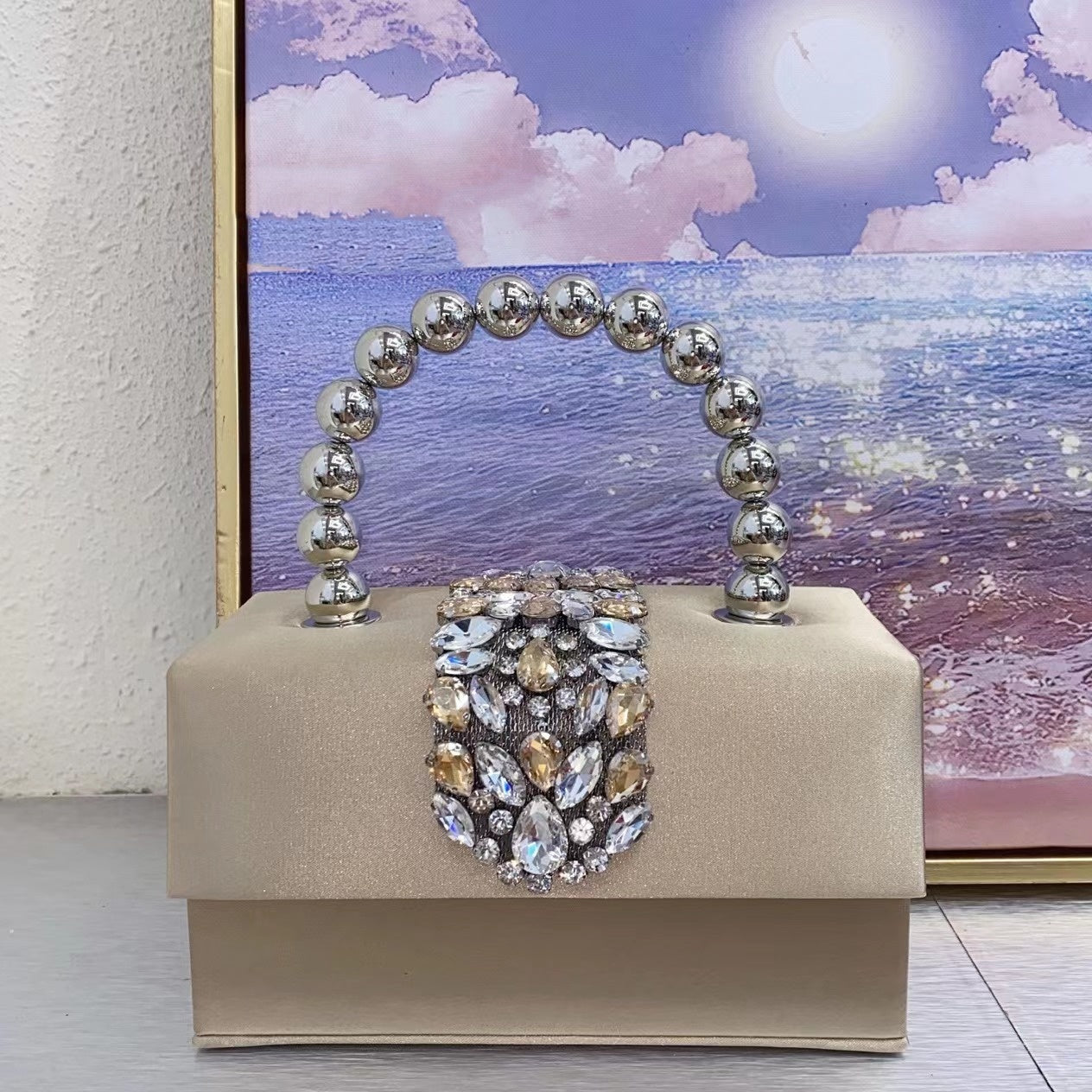 French Shiny Rhinestone Small Square Bag Diamond Silk