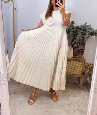 Short Sleeve Pleated Long Dress Summer Round Neck Dress Women's Clothing