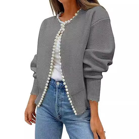 Knitted Cardigan Coat Pearl Decoration Irregular