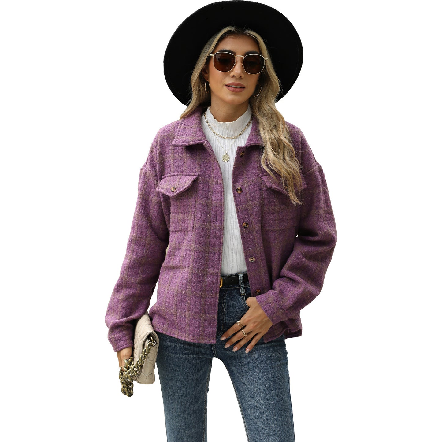 Women's Lapel Plaid Long Sleeve Baggy Coat