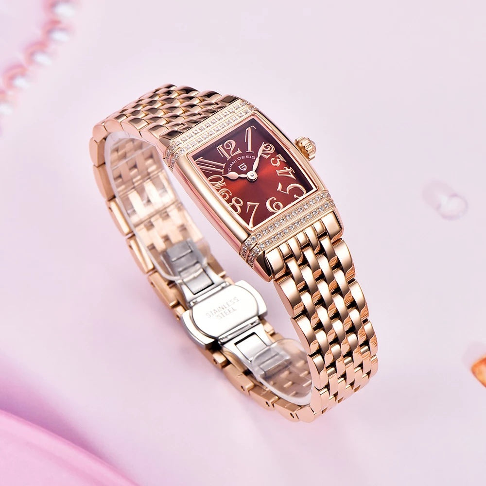 Women's Fashion Shell Face Square Quartz Watch With Diamonds