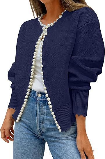 Knitted Cardigan Coat Pearl Decoration Irregular