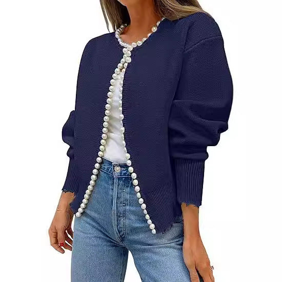 Knitted Cardigan Coat Pearl Decoration Irregular