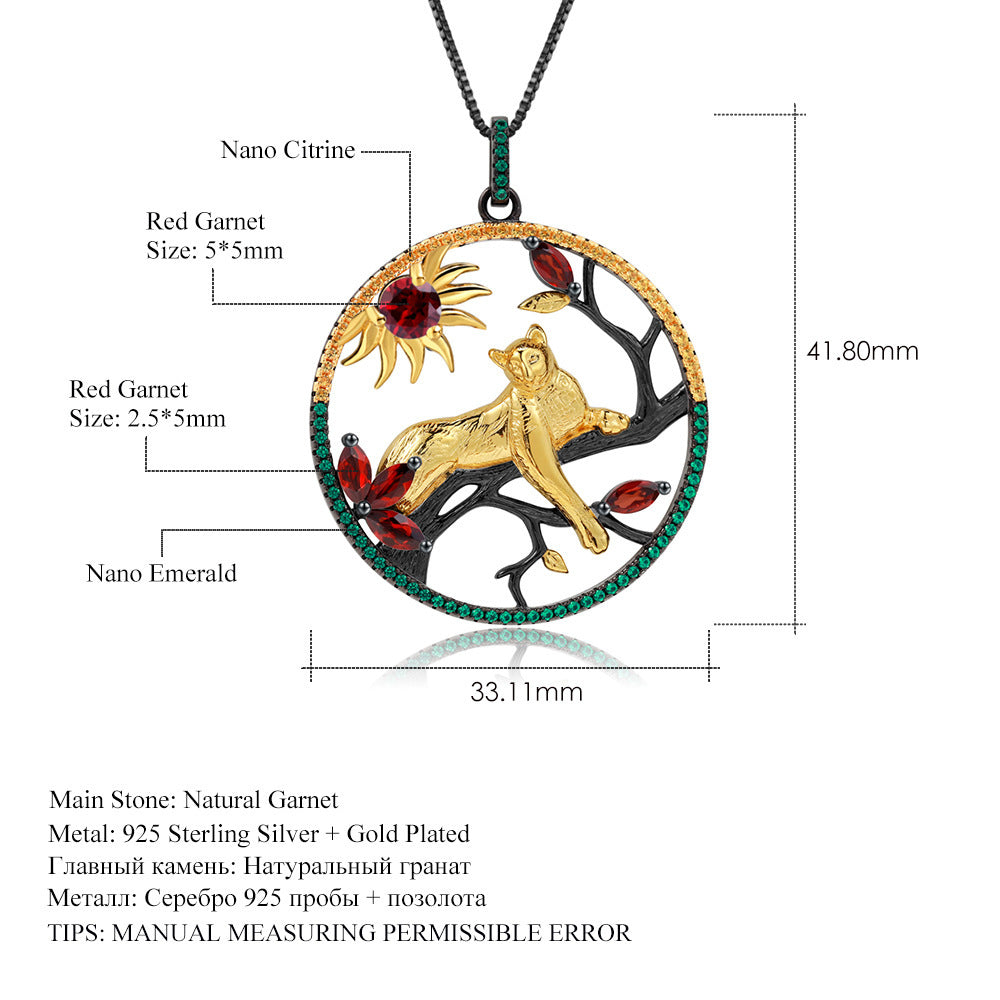 Animal Tiger Element Design 925 Silver Natural Garnet Necklace Pendant