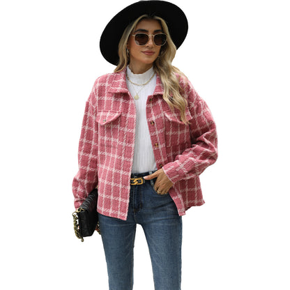 Women's Lapel Plaid Long Sleeve Baggy Coat