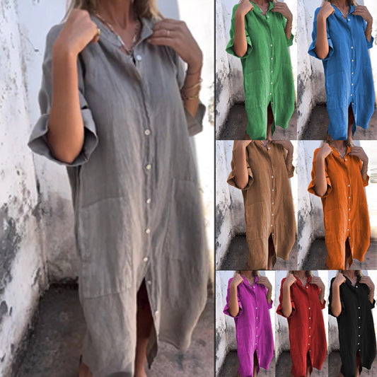 Loose Casual Half Sleeve Cotton Linen Shirt Dress Women