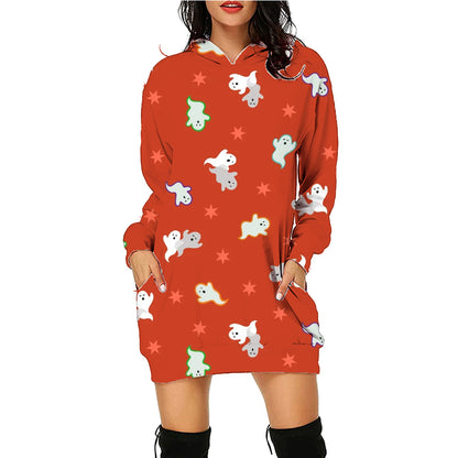 Halloween Print Long Hoodie With Pockets Sweater Long Sleeve Clothes Women